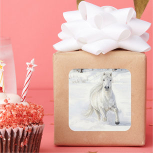 Dyfra the Icelandic Horse Galloping in Snow Square Sticker