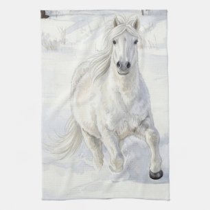 Dyfra the Icelandic Horse Galloping in Snow Tea Towel