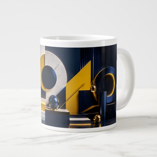 Dynamic Abstract Art with Navy, Gold, and Marble Large Coffee Mug (Front Right)