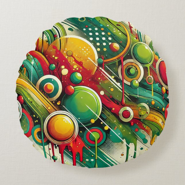 Dynamic Abstract Artwork with Colourful Circles Round Cushion (Front)