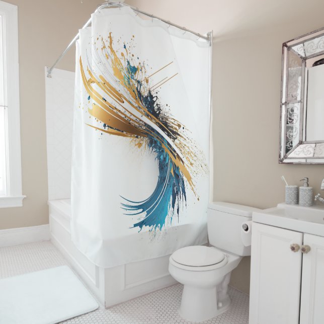 Dynamic Abstract Splash White Teal Gold Tablecloth Shower Curtain (In Situ)