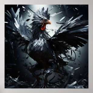 Dynamic and Striking Solid Black Game Rooster Post Poster