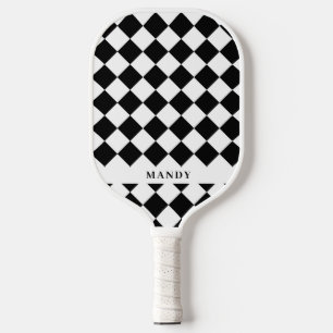 Dynamic Black & White Diagonal Checkerboard Name Pickleball Paddle