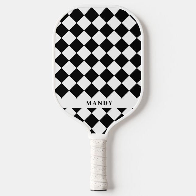 Dynamic Black & White Diagonal Checkerboard Name Pickleball Paddle (Front)
