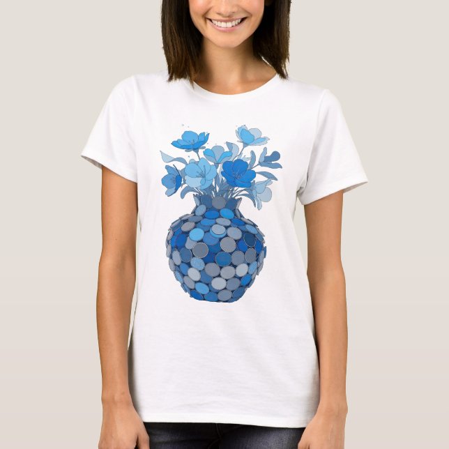 Dynamic Blue BLUE FLORAL VASE Text Design T-Shirt (Front)