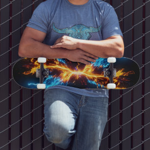 Dynamic Blue Orange Energy Clash Flame Skateboard