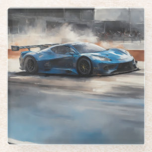 Dynamic Blue Urban Race Scene Glass Coaster