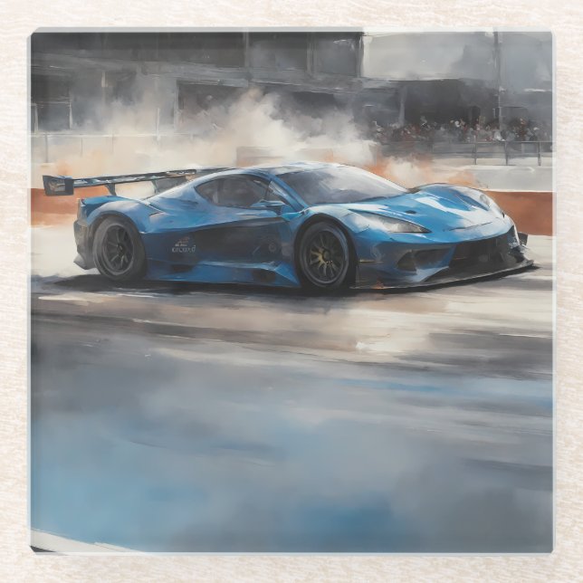 Dynamic Blue Urban Race Scene Glass Coaster (Front)
