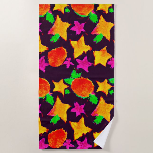 Dynamic Colourful Fruits and Stars Pattern Art Beach Towel (Front)