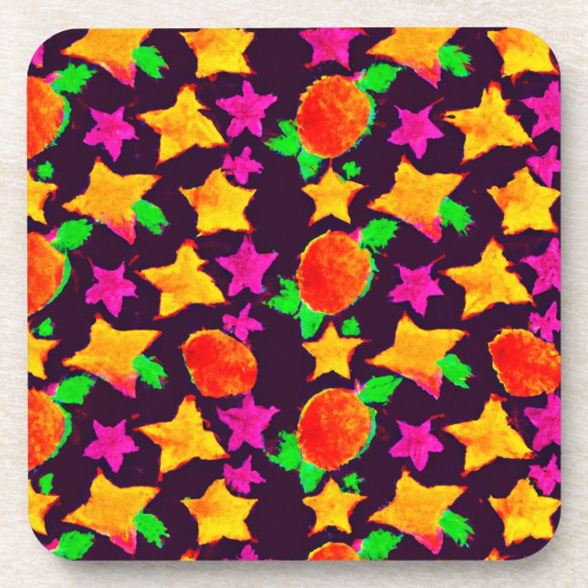 Dynamic Colourful Fruits and Stars Pattern Art Coaster (Front)