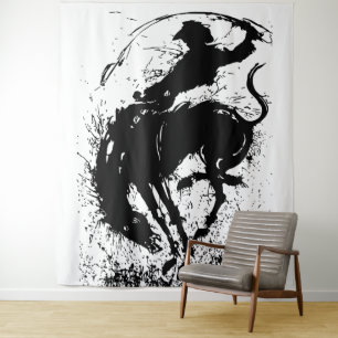 Dynamic Cowboy Rodeo Silhouette Art Tapestry