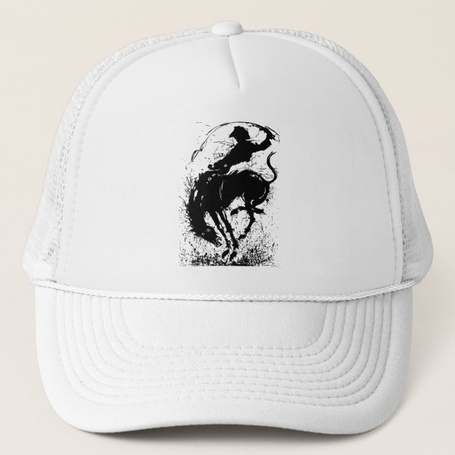 Dynamic Cowboy Rodeo Silhouette Art Trucker Hat (Front)