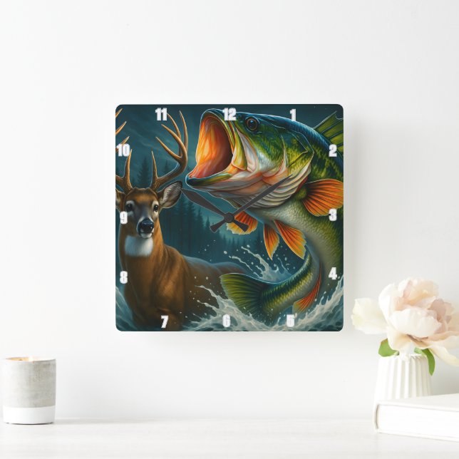Dynamic Deer and Bass Leaps Dramatically Square Wall Clock (Home)
