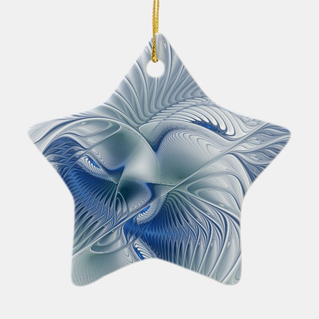 Dynamic Fantasy Abstract Blue Tones Fractal Art Ceramic Tree Decoration (Front)