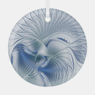 Dynamic Fantasy Abstract Blue Tones Fractal Art Glass Tree Decoration