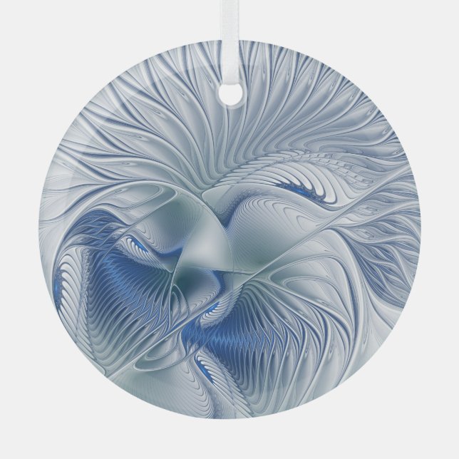 Dynamic Fantasy Abstract Blue Tones Fractal Art Glass Tree Decoration (Front)