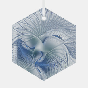 Dynamic Fantasy Abstract Blue Tones Fractal Art Glass Tree Decoration