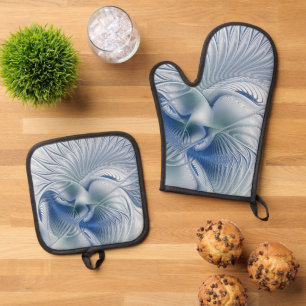 Dynamic Fantasy Abstract Blue Tones Fractal Art Oven Mitt & Pot Holder Set