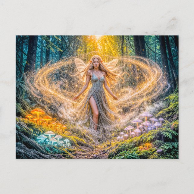 Dynamic Fantasy Elf in Enchanted Forest Mushroom M Postcard (Front)