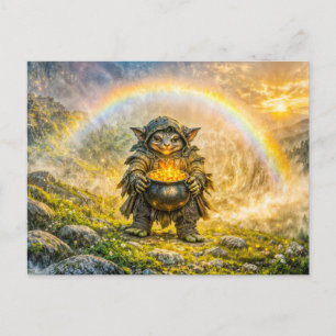 Dynamic Fantasy Goblin with Rainbow Gold Pot Postcard
