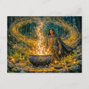 Dynamic Fantasy Wizard with Glowing Magical Cauldr Postcard