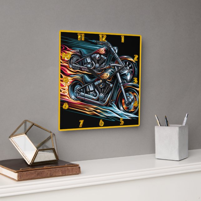 Dynamic fiery motorcycle racing through the night square wall clock (Office)
