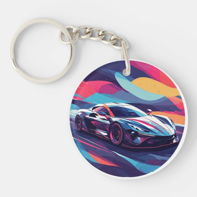 Dynamic Futuristic Sports Car Illustration Key Ring (Front)
