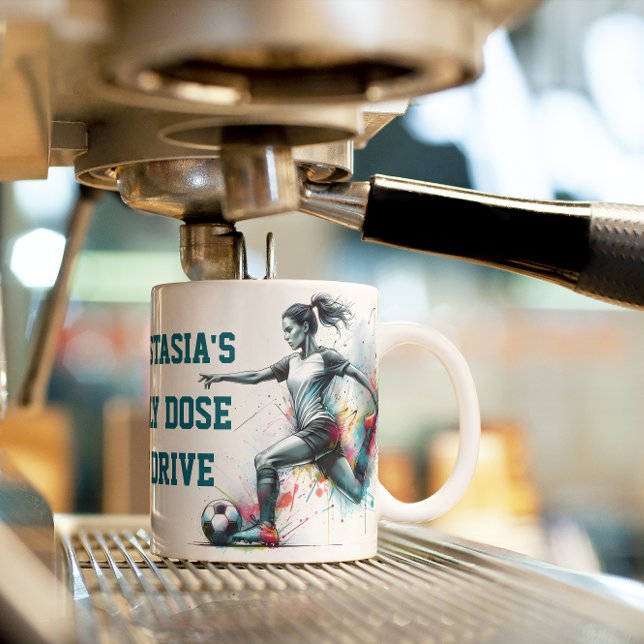 Dynamic girl soccer player action motivational coffee mug (Creator Uploaded)