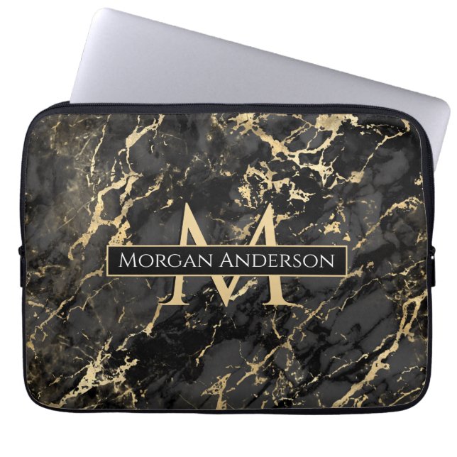 Dynamic Gold & Black Marble, DIY Monogram & Name Laptop Sleeve (Front)