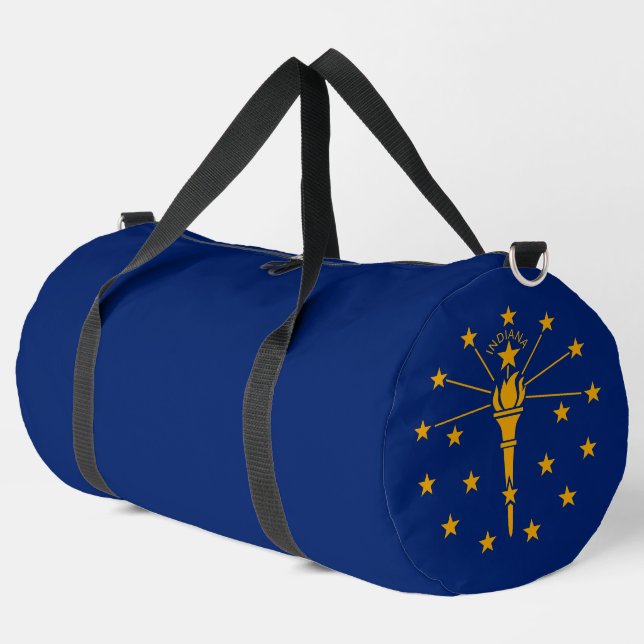 Dynamic Indiana State Flag Graphic on a Duffle Bag (Left Corner)