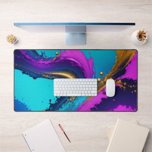 Dynamic Liquid Abstract, Gold Teal Black & Purple Desk Mat