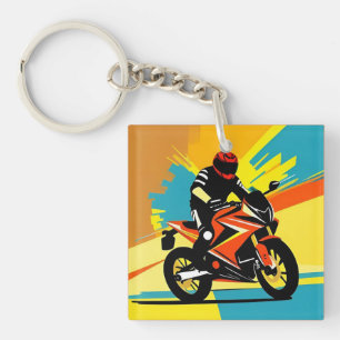 Dynamic Motorbike Illustration with Rider Key Ring
