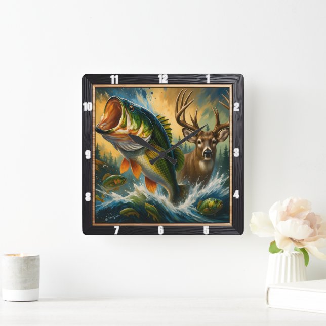 Dynamic Nature Bass Deer Square Wall Clock (Home)