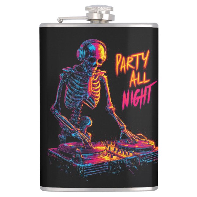 Dynamic Neon-Coloured Skeleton DJ Spinning Records Hip Flask (Front)