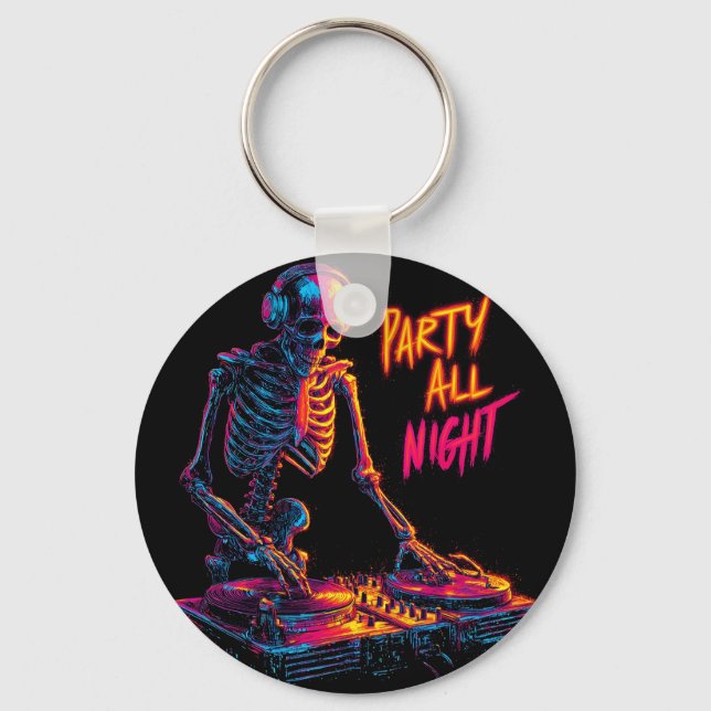 Dynamic Neon-Coloured Skeleton DJ Spinning Records Key Ring (Front)