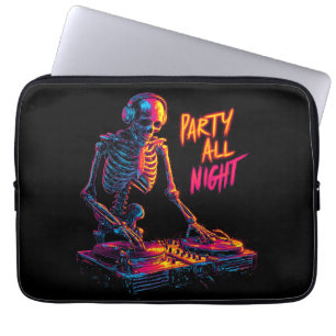Dynamic Neon-Coloured Skeleton DJ Spinning Records Laptop Sleeve