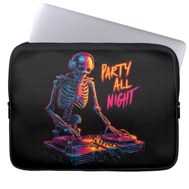 Dynamic Neon-Coloured Skeleton DJ Spinning Records Laptop Sleeve (Front)