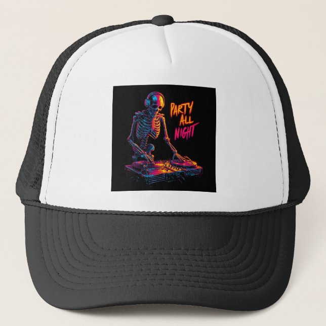 Dynamic Neon-Coloured Skeleton DJ Spinning Records Trucker Hat (Front)