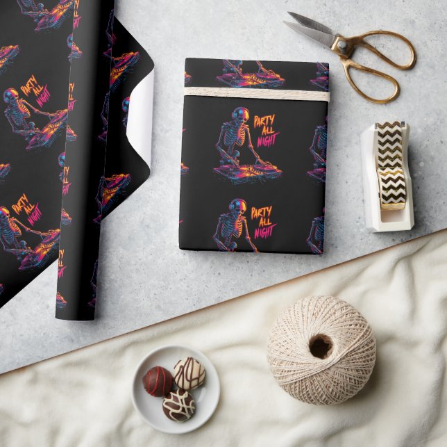 Dynamic Neon-Coloured Skeleton DJ Spinning Records Wrapping Paper (Crafts)