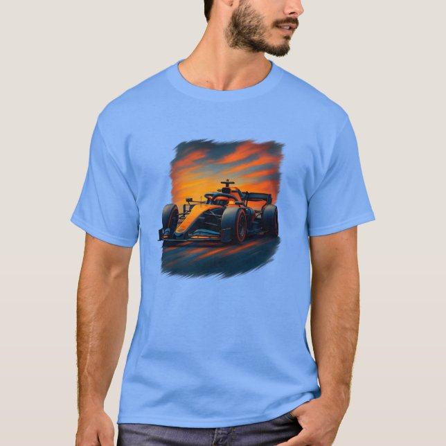 Dynamic Orange and Blue Painted Formula Race Car r T-Shirt (Front)