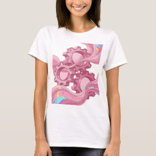 Dynamic Pink GEARS AND FLOWING WAVES Modern Design T-Shirt