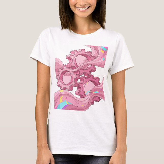 Dynamic Pink GEARS AND FLOWING WAVES Modern Design T-Shirt (Front)
