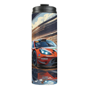 Dynamic Racing Car Illustration with Splashing Mud Thermal Tumbler