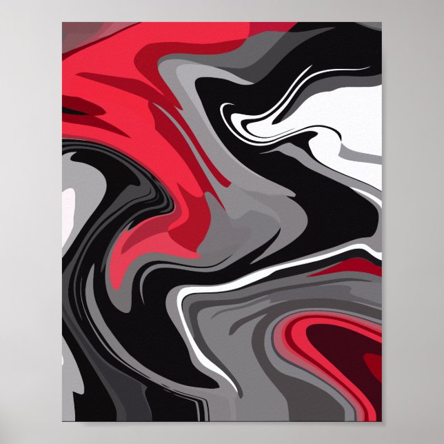 Dynamic Red, Black, white and grey Abstract Waves Poster (Front)