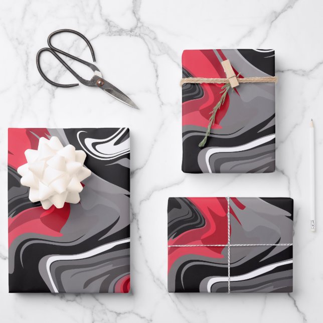 Dynamic Red, Black, white and grey Abstract Waves Wrapping Paper Sheet (Front)