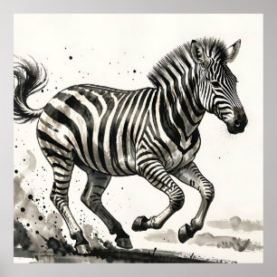 Dynamic Running Zebra Ink Art Poster