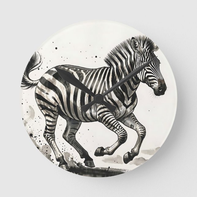 Dynamic Running Zebra Ink Art Round Clock (Front)