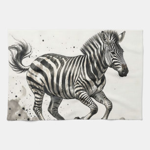 Dynamic Running Zebra Ink Art Tea Towel