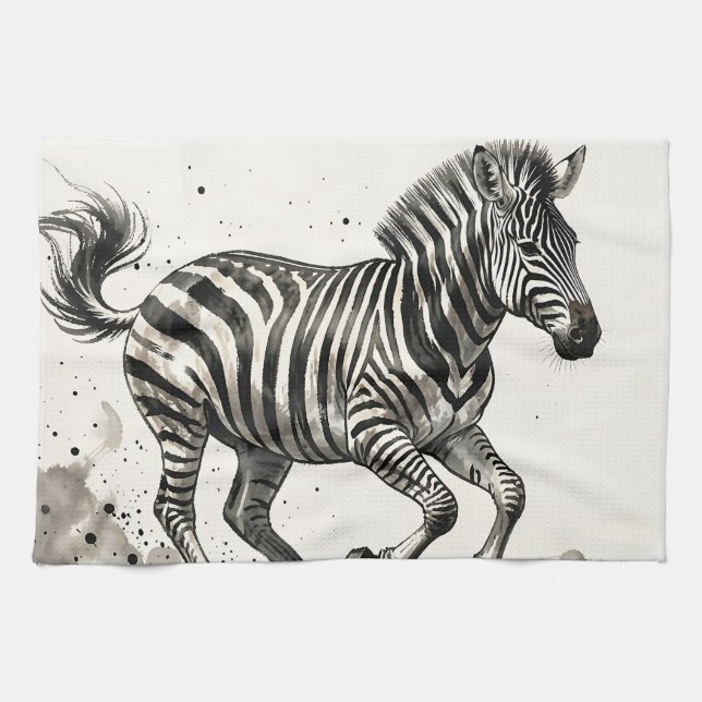 Dynamic Running Zebra Ink Art Tea Towel (Horizontal)