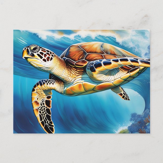 Dynamic Sea Turtle Wave Watercolor Postcard (Front)